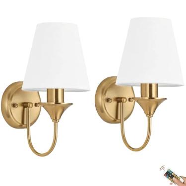 Imagem de Viosked Apliques De Parede Dourados Com Bateria E Controle Remoto, Conjunto De 2, Arandela Interna Recarregável Sem Fio Alimentada Por Bateria, Luminária De Parede De Tecido De Latão Sem Fio Para Qu