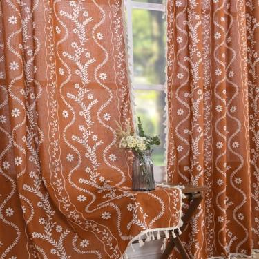 Imagem de Cortinas Boho Laranja Ferrugem 224 cm de Comprimento para Sala de Estar 2 Painéis, Vintage Farmhouse Impresso Floral Cortinas Rústicas Terracota