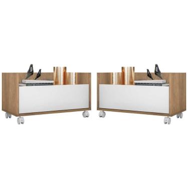 Imagem de Kit Com 2 Mesas De Cabeceira 80Cm Com Rodízios Multimóveis V4007 Rustic/Branca Rustic/Branco