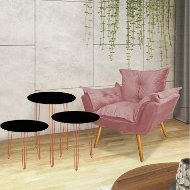 Imagem de Kit Poltrona Opala Com 3 Mesas Roma Ferro Bronze Tampo Redondo Preto Suede Rose Gold