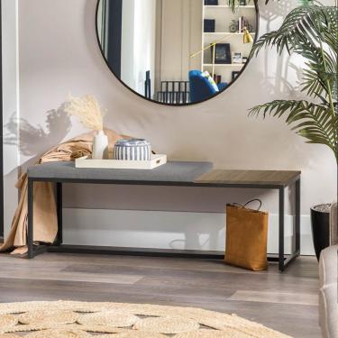 Imagem de Banco Recamier Puff 195cm Industrial Preto Sintético Cinza Tampo Quadrado Mdf Imbuia