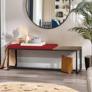Imagem de Banco Recamier Puff 160cm Industrial Preto Suede Vermelho Tampo Quadrado Mdf Caramelo