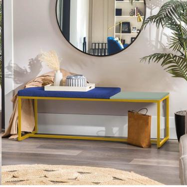 Imagem de Banco Recamier Puff 195cm Industrial Dourado Sintético Azul Marinho Tampo Quadrado Mdf Verde