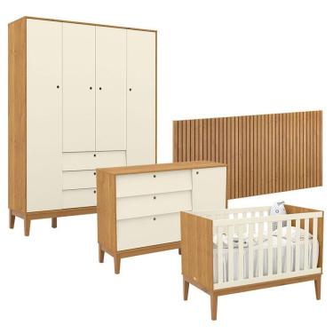Imagem de Quarto De Bebê Unique 4 Portas Com Cômoda Sapateira E Painel Ripado Freijó Off White Eco Wood - Matic