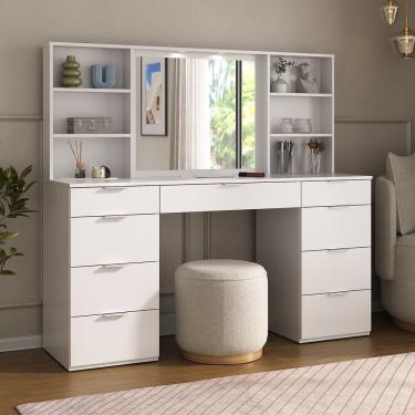 Imagem de Penteadeira 9 Gavetas Com Espelho E Led 8402 Branco