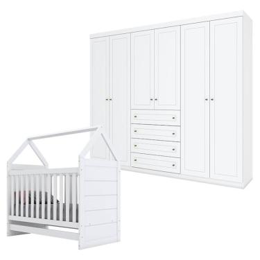 Imagem de Berço Montessoriano E Guarda Roupa Infantil Americano 6 Portas Branco Hp - Henn