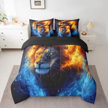 Imagem de Jogo de cama king com leão selvagem, laranja, azul, fogo, enevoado, 7 peças, para crianças, meninas, animais africanos, cama de poliéster, para decoração de quarto de solteiro