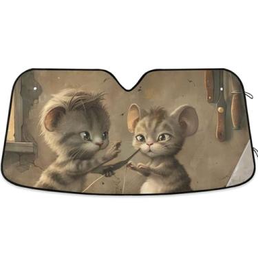 Imagem de Gato Mouse Corte de Cabelo Engraçado Para-brisa Carro Para-brisa Protetor Solar Engraçado Personalizado Retrátil Automotivo Capa Protetor Solar S, 134,6 cm x 59,7 cm