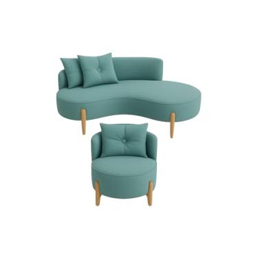 Imagem de Conjunto 01 Poltrona + Sofá Curvo Orgânico Veludo Azul Turquesa - Montanaris Decor