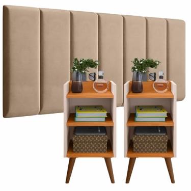 Imagem de Conjunto Quarto 2 Mesas de Cabeceira com Nicho e Prateleira Max + Cabeceira Modular Adesiva p/Cama Box 0,90 até 1,95m (Placas Bege/Kit Max Off, Casal 1.40 (7 Placas))