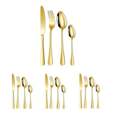 Imagem de Conjunto de Talheres Dourados 16 Peças - Kit Completo para 4 Pessoas em Aço Inoxidável com Acabamento Uniforme