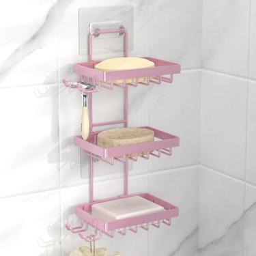 Imagem de Moforoco Suporte Para Saboneteira Rosa De 3 Níveis Parede Chuveiro, Sem Perfuração, Aço Inoxidável 304, Barra Com 4 Ganchos E Chuveiro Lâmina Barbear, Acessório Decoração Banheiro Feminino Xampu