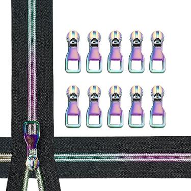 Imagem de zynzaoacs #5 Zíper Por Jarda Com Puxadores, Fita Preta Dentes De Arco-Íris (5 Jardas) E Puxadores Metal (10 Peças, Tipo A), Zíperes Coloridos Nylon Em Espiral Para Costurar Bolsas, Malas, Jaquetas