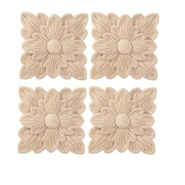 Imagem de BSYMDH 4 Peças De Apliques Esculpidos Em Madeira, Entalhes, Xadrez, Decalque Quadrado Madeira Para Porta Cama, Espelho Armário, Lareira, Guarda-Roupa, Decoração Móveis, 08 (10 X 10 Cm/3,94" 3,94")