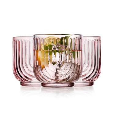 Imagem de Glaver's Copos de rocha duplos à moda antiga, conjunto de 4 copos de uísque rosa blush, 325 ml, design Art Déco em forma de U, em relevo, utensílios de vidro para bar em casa todos os dias.