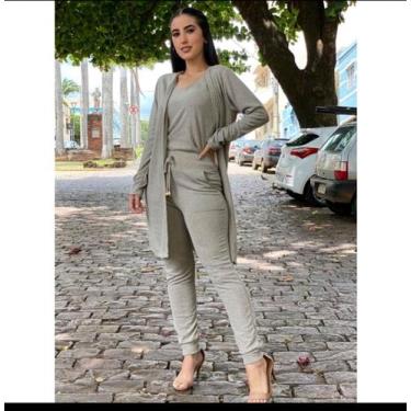 Imagem de Conjunto lanzinha feminino 3 peças calça regata cardigan - Amora mora 