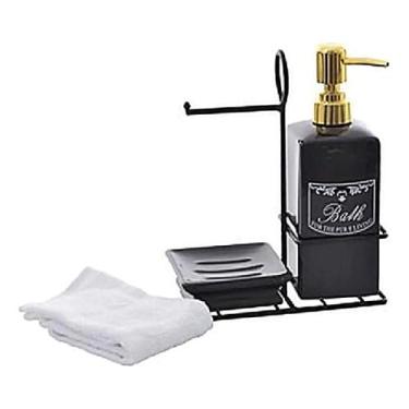 Imagem de Kit Lavabo Banheiro Porcelana Com Suporte E Toalha Preto