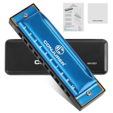 Imagem de CONJURER Gaita Blues para iniciantes adulto 10 furos chave C gaita diatônica para praticar e tocar, palheta de latão órgão de boca de metal, harpa azul com capa, azul