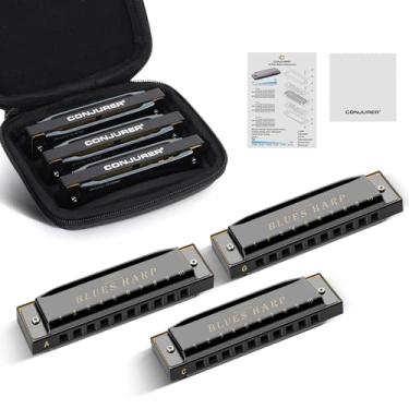 Imagem de CONJURER Conjunto de 3 chaves de gaita diatônica Blues, conjunto de gaita diatônica de 10 furos para crianças iniciantes órgão boca metal blues harpa pacote com 3 com capa, preto