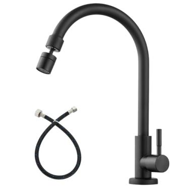 Imagem de Heyalan Torneira de cozinha apenas água fria bico giratório de 360 graus preto fosco torneira de pia de arco alto torneira de latão pescoço de ganso