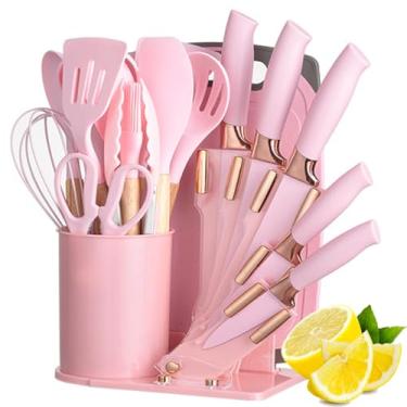 Imagem de Utaomld Conjunto De 19 Utensílios Cozinha E Facas Com Suporte, Incluindo 11 Peças Silicone, 5 Afiadas Aço Inoxidável, Tesouras, Batedores Pinças, Tábua Corte (Rosa)