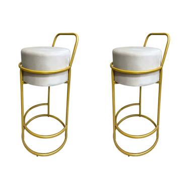 Imagem de Kit 2 Banquetas Alta Redonda Base Dourada Veludo - Bege