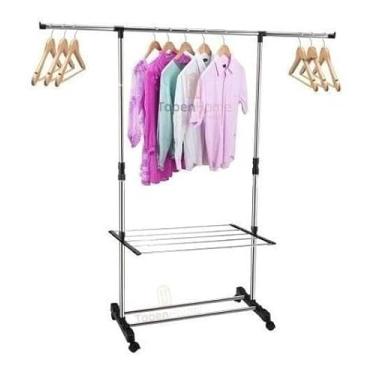 Imagem de Arara de Roupas Regulável com Sapateira Dupla em Inox – Altura Ajustável 87cm a 147cm – Suporta até 60 Cabides – Com Rodízios – Organizador de Quarto