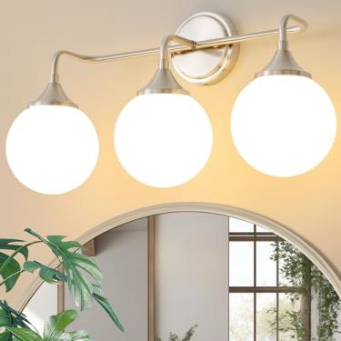Imagem de Ritakcdn Luminárias De Penteadeira Em Níquel Escovado, Iluminação Banheiro Com 3 Luzes Sobre O Espelho, Arandelas Parede Modernas Cúpulas Vidro Branco Leitoso