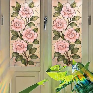 Imagem de Starlit Patio Película de privacidade de camélia rosa estilo vitral, aderência estática, sem cola, painel decorativo de filtro de luz, capa para entrada de porta de quarto 45 x 99 cm
