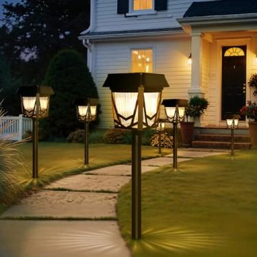 Imagem de ZEBON Luzes solares para caminhos ao ar livre, IP66 luzes solares de jardim à prova d'água, iluminação de passarela de paisagem de quintal de 1500 mAh funciona durante 3 noites, pacote com 6 preto