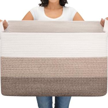 Imagem de OIAHOMY Cesta de cobertor extragrande, cesta de roupa suja de algodão 110L, cesto de brinquedo para quarto de bebê, recipiente para armazenamento de cobertor na sala de estar, 61 cm x 43 cm, marrom