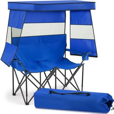 Imagem de Juexica Cadeira de praia dupla com toldo de sombra, cadeira de acampamento para 2 pessoas com suporte de copo bolsa de transporte sofá dobrável cadeiras de acampamento extra largas para gramado ao ar