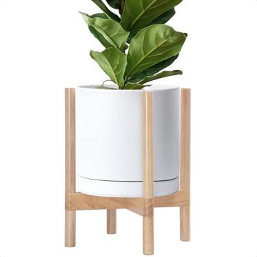Imagem de D'vine Dev Vaso de cerâmica com suporte natural - Vaso de flores redondo moderno de 30 cm com suporte de plantador de madeira, branco, 55-B-J-1