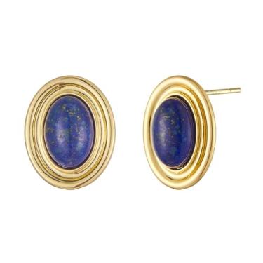 Imagem de Catuni Brincos grossos dourados modernos geométricos de ouro 18 K, turquesa, lápis-lazúli, verde e vermelho, brincos ovais para mulheres, Medium, Latão, Sem pedra preciosa