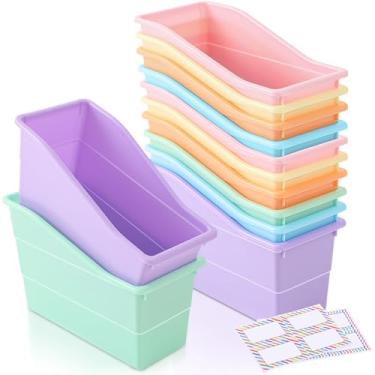 Imagem de Blosssound Conjunto de 12 caixas de livros com adesivos de etiqueta, cestos de plástico empilháveis, organizadores, armazenamento e organização para sala de aula, biblioteca, material escolar