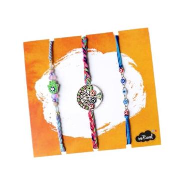 Imagem de weRevel Conjunto de 3 Rakhi de designer de olho turco para Raksha Bandhan – Árvore da Vida, Mão Hamsa e Pingente Azul Rakhi – Rakhis elegante e protetor