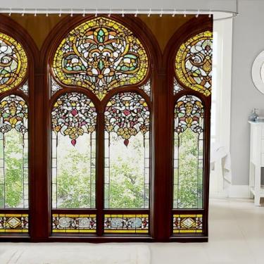 Imagem de Feelyou Cortina de chuveiro com estampa de porta 183 cm x 183 cm, cortina de banho de vidro colorida para meninos, meninas, adolescentes, boêmia, exótica, conjunto de cortina de chuveiro à prova