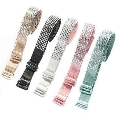 Imagem de PQIQP Sutiã feminino sexy invisível de strass alças de ombro antiderrapantes acessórios ajustáveis lingerie feminina alças de sutiã brilhante, Cor 2: 5 pares: bege, preto, branco, rosa, azul