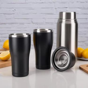 Imagem de Copo Térmico Parede Dupla em Aço Inox Preta 350ml com Base Antiderrapante - Estilo Liso