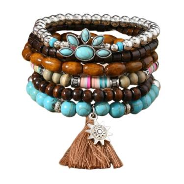 Imagem de MMIUAEG Pulseiras de turquesa natural feitas à mão com contas para botas ocidentais cabeça de boi oval flor cruz de coco pulseira para homens mulheres vintage cowboy vaqueiras joias turquesa, Medium