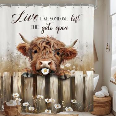 Imagem de Omifly Cortina de chuveiro de vaca Highland 152 cm L x 180 cm A casa de fazenda rústica margarida gado gado bezerro de madeira outono touro ocidental com 12 ganchos de plástico tecido à prova d'água