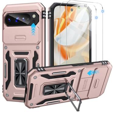 Imagem de Capa dupla KeDZ para Google Pixel 9 Pro XL com capa deslizante para câmera e película à prova de explosão (2 peças) - Capa protetora à prova de choque e queda de nível militar com suporte, ouro rosa