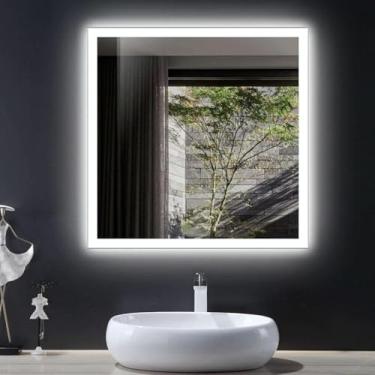 Imagem de Espelho Quadrado 70x70 Cm Borda Infinita Jateado Led Premium(Led Frio)