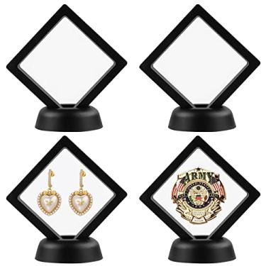 Imagem de Jutieuo 4 peças de moldura flutuante 3D com suporte, suporte para exibição de moedas desafio, pequena caixa de sombra para brincos, anéis, broche, medalha militar, preto, 7 x 7 cm