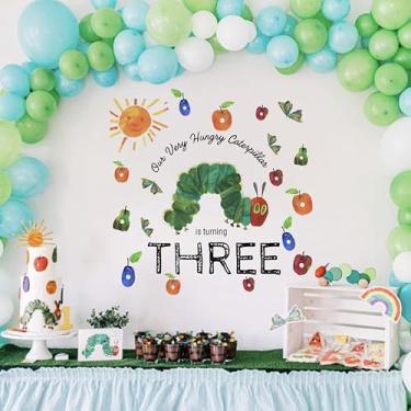 Imagem de Capiont Decalque Our Very Hungry Caterpillar is Turning Three - Decorações de festa de aniversário com tema de lagarta para meninas e meninos, design de frutas e sol, decoração de arco de balão