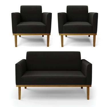 Imagem de Sofá Namoradeira Com 2 Poltronas Base De Madeira Fixa Castanho Marisa Suede Preto D03 - D?rossi