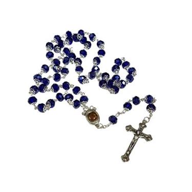 Imagem de Colar com contas de cristal de safira azul profundo com medalha Miraculous banhado a prata da Bethlehem Gifts TM