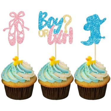Imagem de Gyufise 24 peças de topos de cupcake para meninos ou meninas ou sapatos de balé revelação de gênero, palitos de cupcake, topo de bolo para chá de bebê, decorações de bolo para festa de aniversário de crianças, suprimentos de