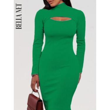 Imagem de Vestido Tubinho Manga Longa Gola Alta Decotado Moda Gringa - Laranja Q