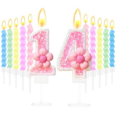 Imagem de Vela de aniversário número 14 com 10 velas espirais para meninas, enfeite de bolo, suprimentos de festa pastel para meninas de 14 anos, aniversário, decoração de festa temática doce